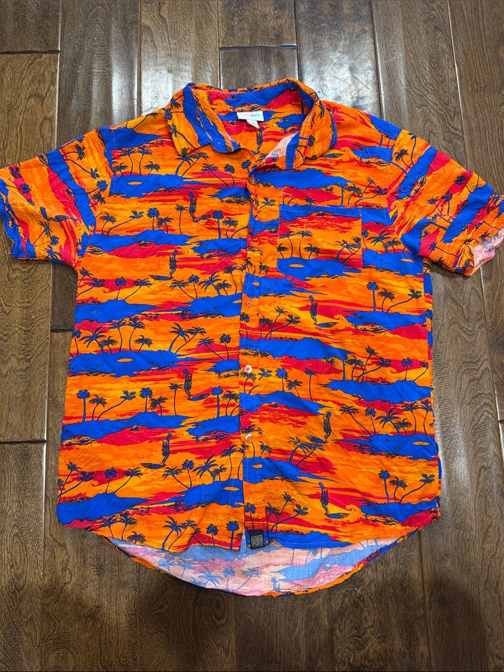 Lularoe Men’s Button-Down Shirt in Orange & Blue Tropical Print